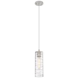 Crown Point 4&quot; Wide Cord Hung Satin Nickel Pendant With Deco Swirl Sha