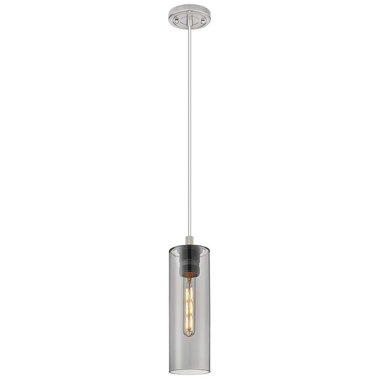 Image 1 Crown Point 4" Wide Cord Hung Satin Nickel Pendant With Smoke Shade