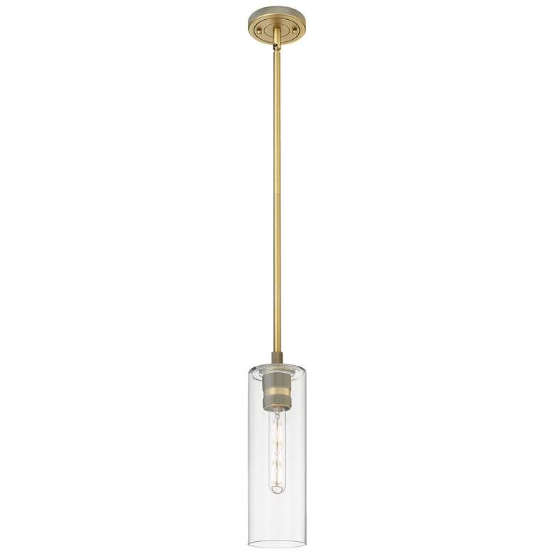 Image 1 Crown Point 4 inch Wide Stem Hung Brushed Brass Pendant With Clear Shade