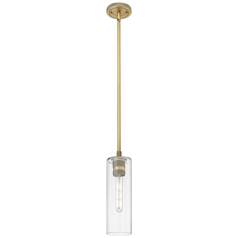 Image 1 Crown Point 4" Wide Stem Hung Brushed Brass Pendant With Clear Shade