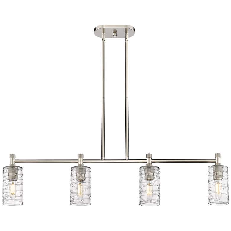 Image 1 Crown Point 43.75"W 4 Light Satin Nickel Stem Island Light w/ Swirl Sh