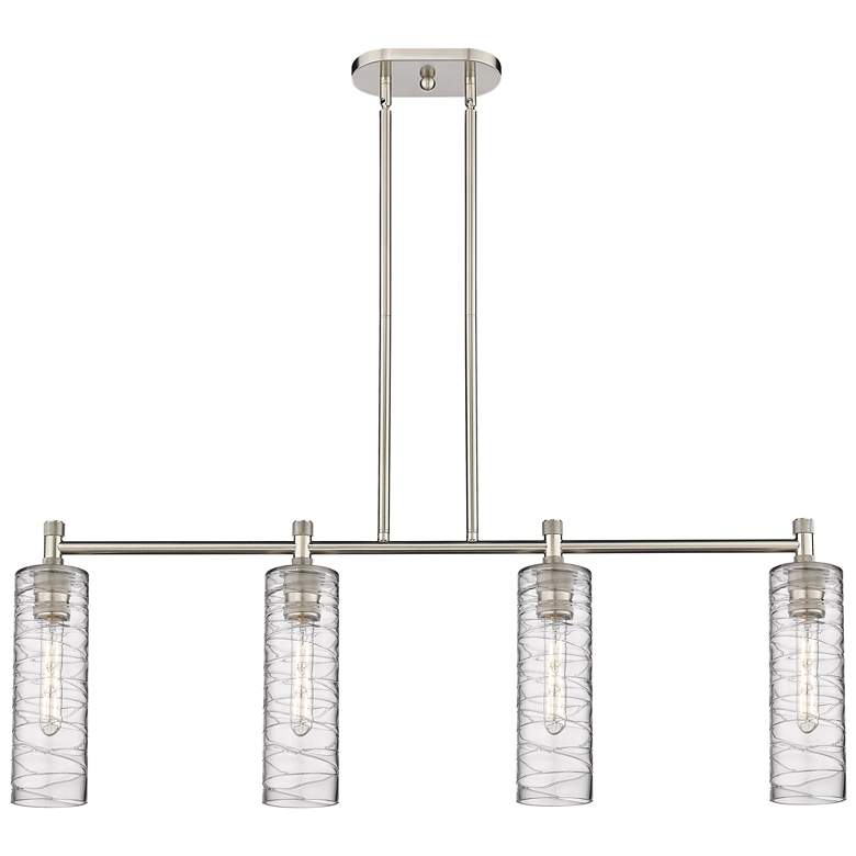 Image 1 Crown Point 43.75"W 4 Light Satin Nickel Stem Island Light w/ Swirl Sh
