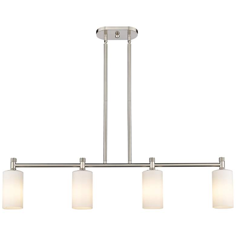 Image 1 Crown Point 43.75"W 4 Light Satin Nickel Stem Island Light w/ White Sh