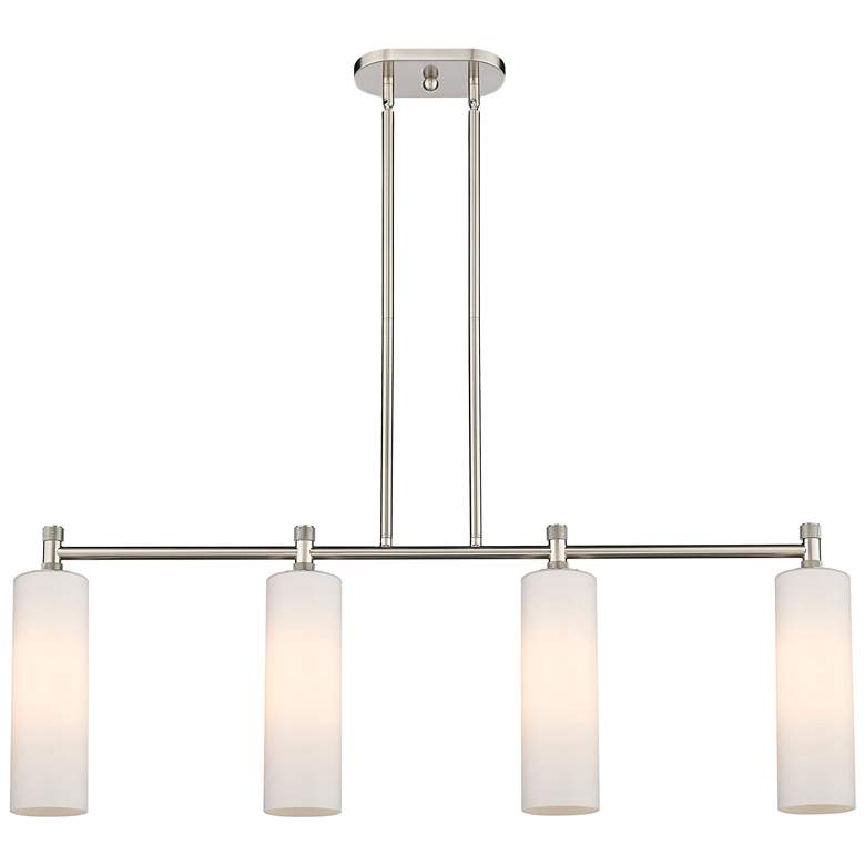Image 1 Crown Point 43.75"W 4 Light Satin Nickel Stem Island Light w/ White Sh