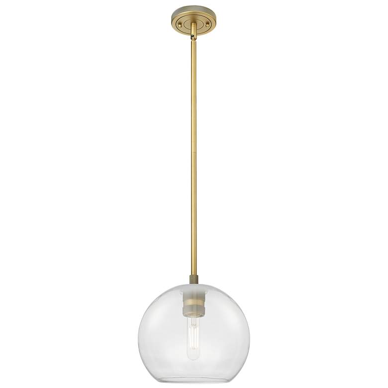 Image 1 Crown Point Athens 8"W Brushed Brass Stem Hung Pendant With Clear Shade
