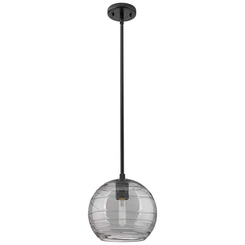 Image 1 Crown Point Athens Deco Swirl 8"W Black Stem Pendant w/ Smoke Shade