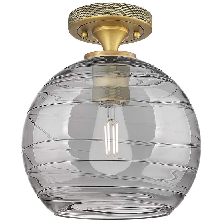 Image 1 Crown Point Athens Deco Swirl 8"W Brass Flush Mount w/ Smoke Shade