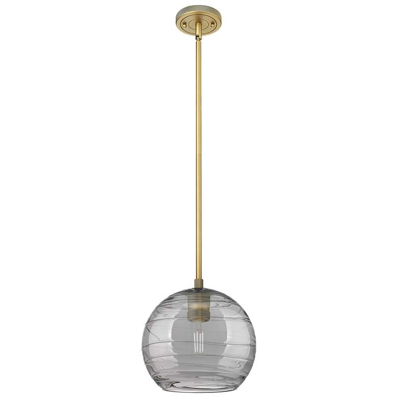 Image 1 Crown Point Athens Deco Swirl 8"W Brass Stem Pendant w/ Smoke Shade