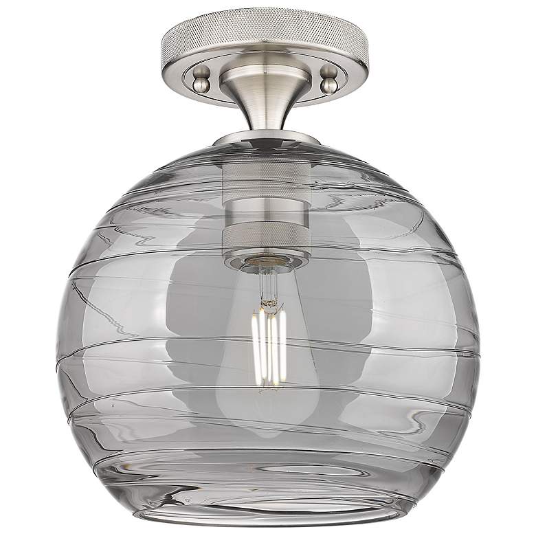 Image 1 Crown Point Athens Deco Swirl 8"W Satin Nickel Flush Mount w/ Smoke Shade