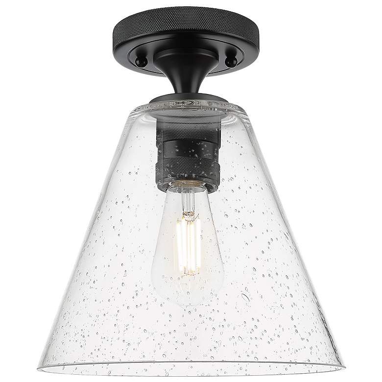 Image 1 Crown Point Berkshire 8" Wide Matte Black Flush Mount With Seedy Shade