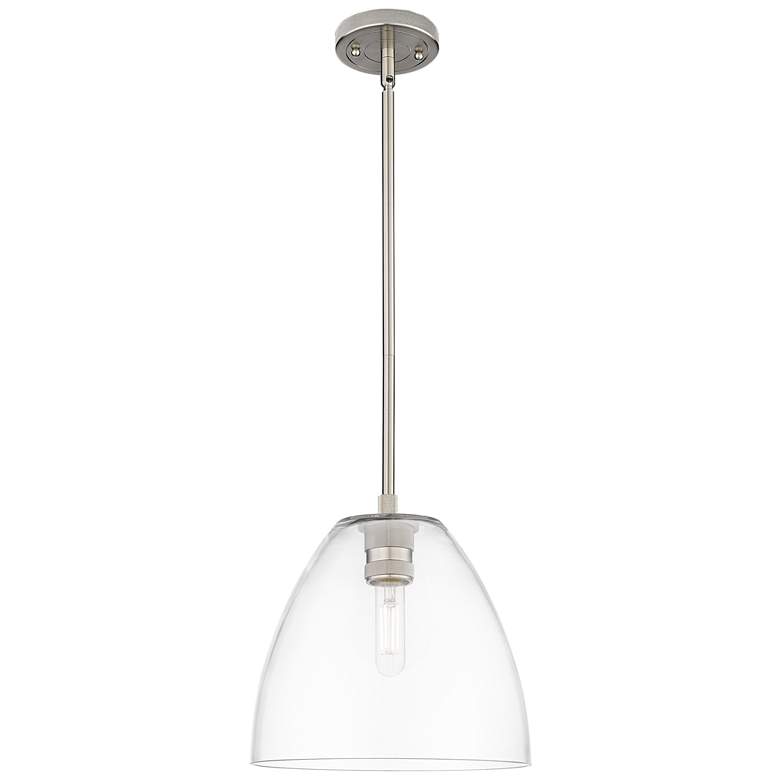 Image 1 Crown Point Bristol 9"W Satin Nickel Stem Hung Pendant With Clear Shade