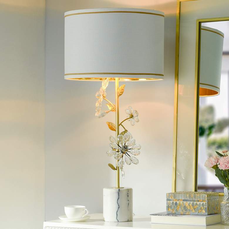 Image 1 Crystal Flora Gold Metal and White Marble Table Lamp