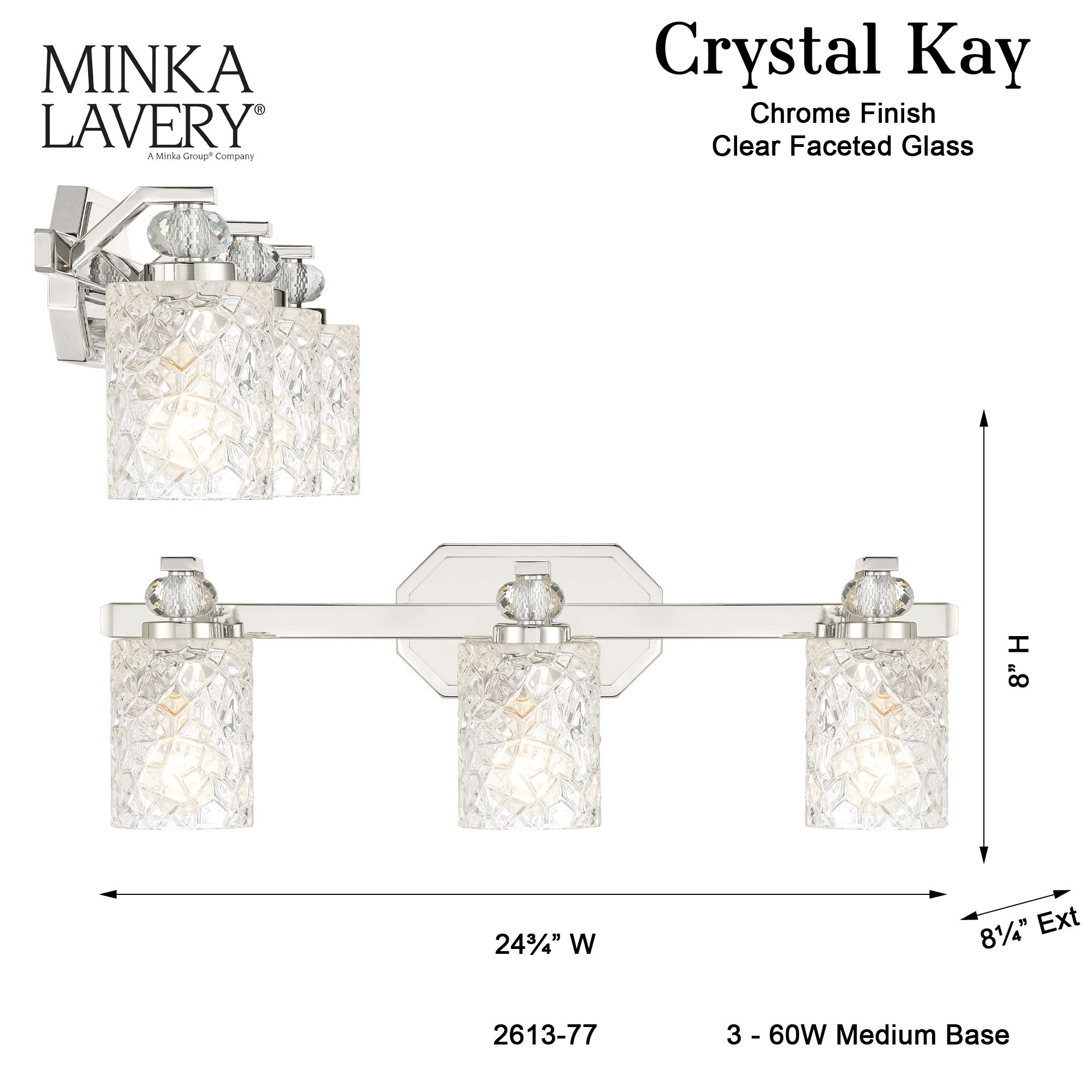 Crystal Kay 24 1/2" Wide Chrome 3-Light Bath Light