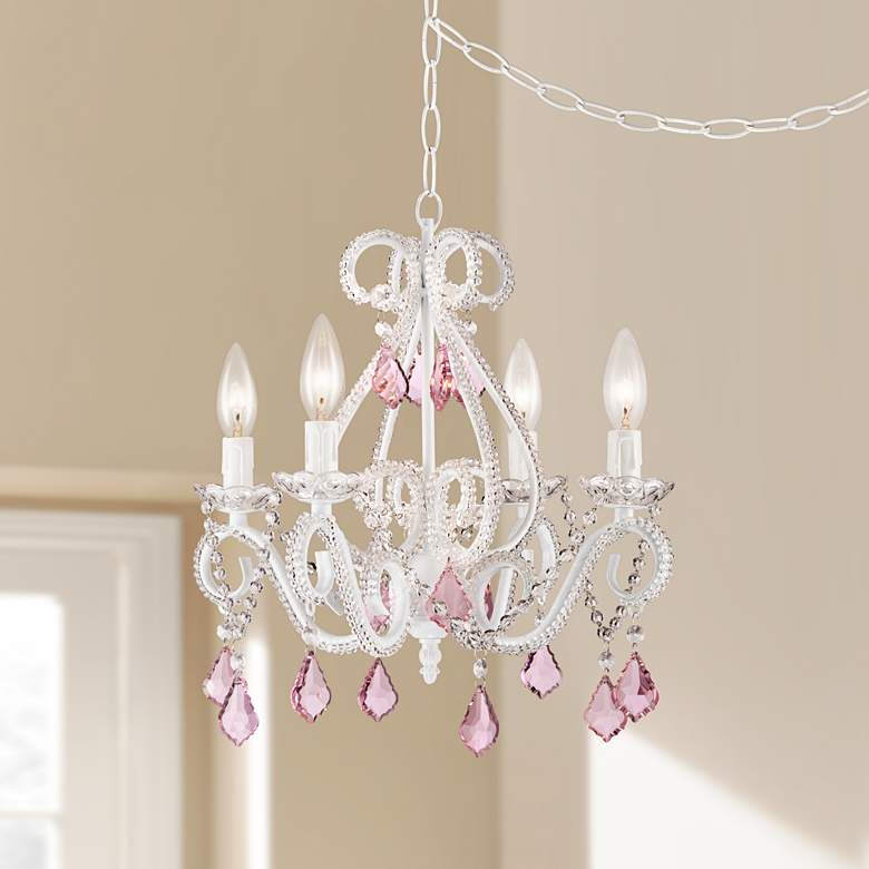 Image 1 Crystal Scroll White and Pink 16 inch Wide Swag Chandelier