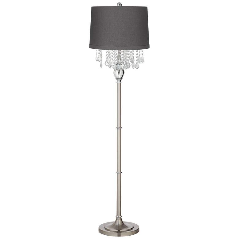 Image 1 Crystals 60 1/2" Satin Steel Floor Lamp with Gray Drum Shade
