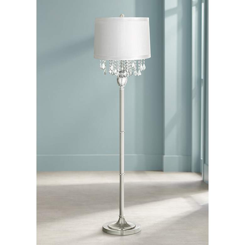 Image 1 Crystals Off-White Shade Satin Steel Floor Lamp