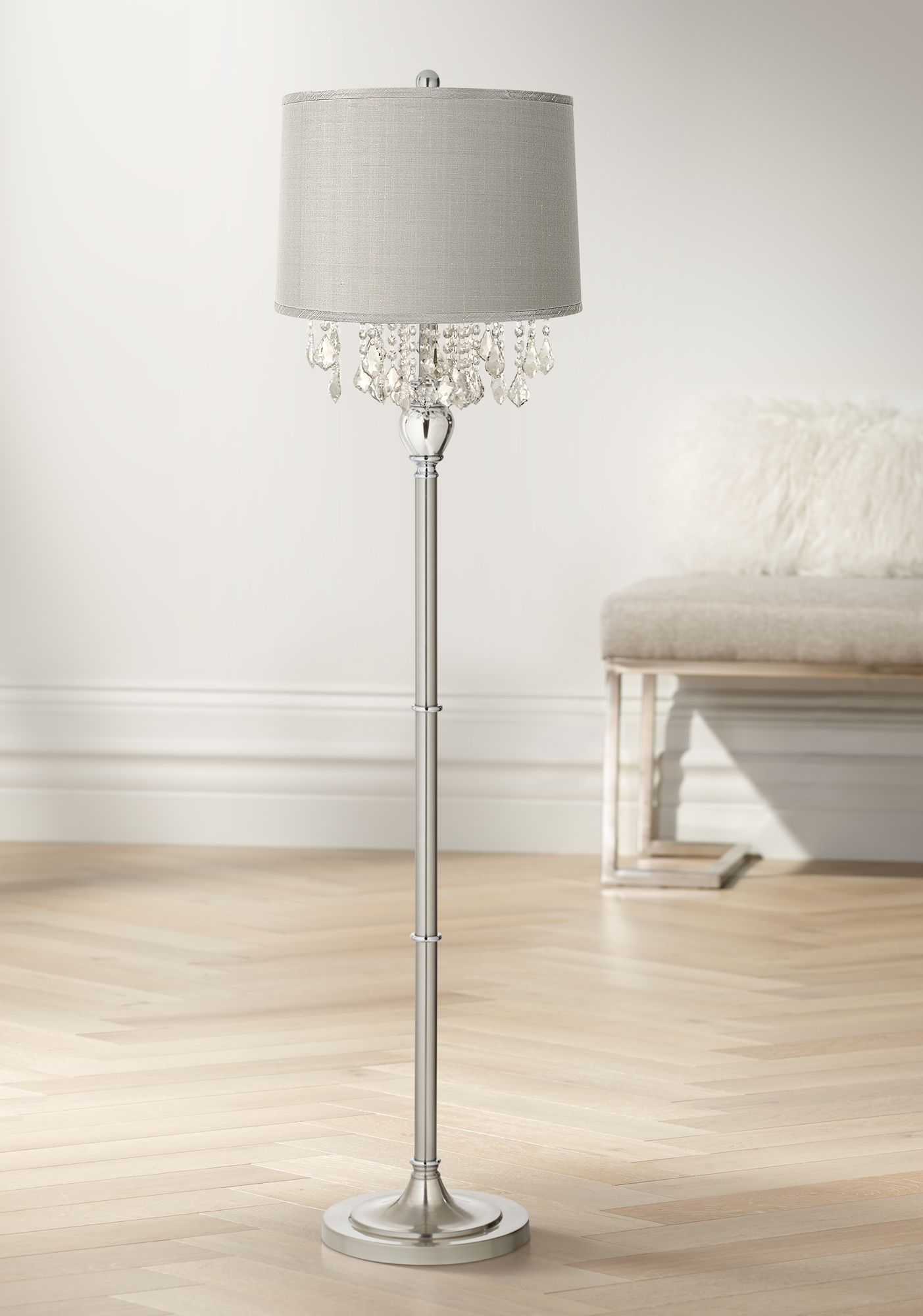 Crystals Platinum Gray Dupioni Brushed Nickel Floor Lamp - #17P10