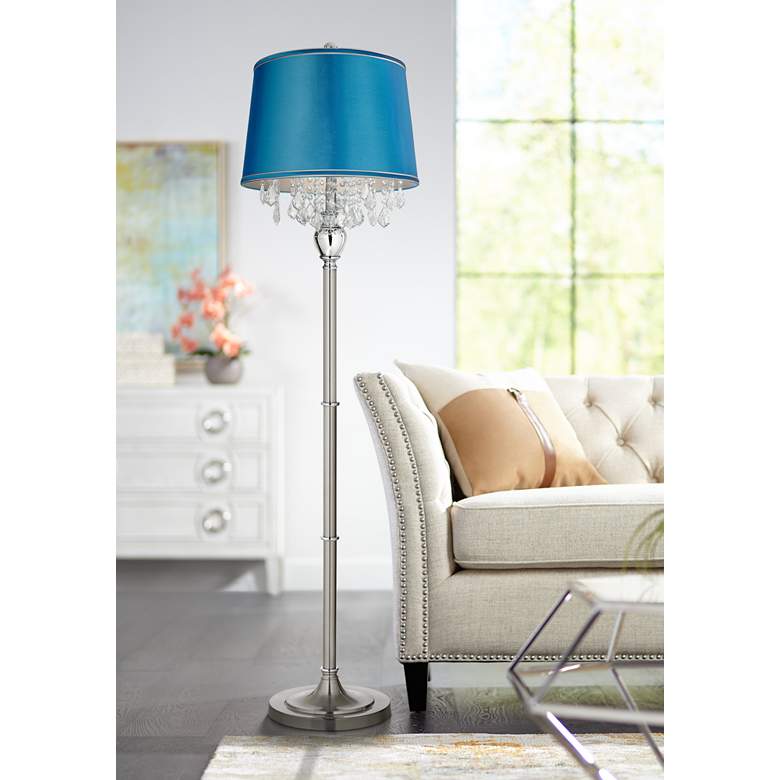 Crystals Turquoise Satin Shade Brushed Nickel Floor Lamp