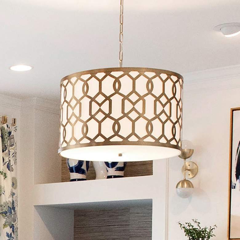 Image 2 Crystorama Jennings 24 1/4" 5-Light Aged Brass and Linen Drum Pendant