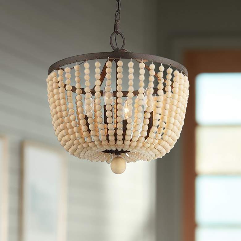 Image 1 Crystorama Rylee 16 1/2 inchW Bronze and Wood Beads Ceiling Light