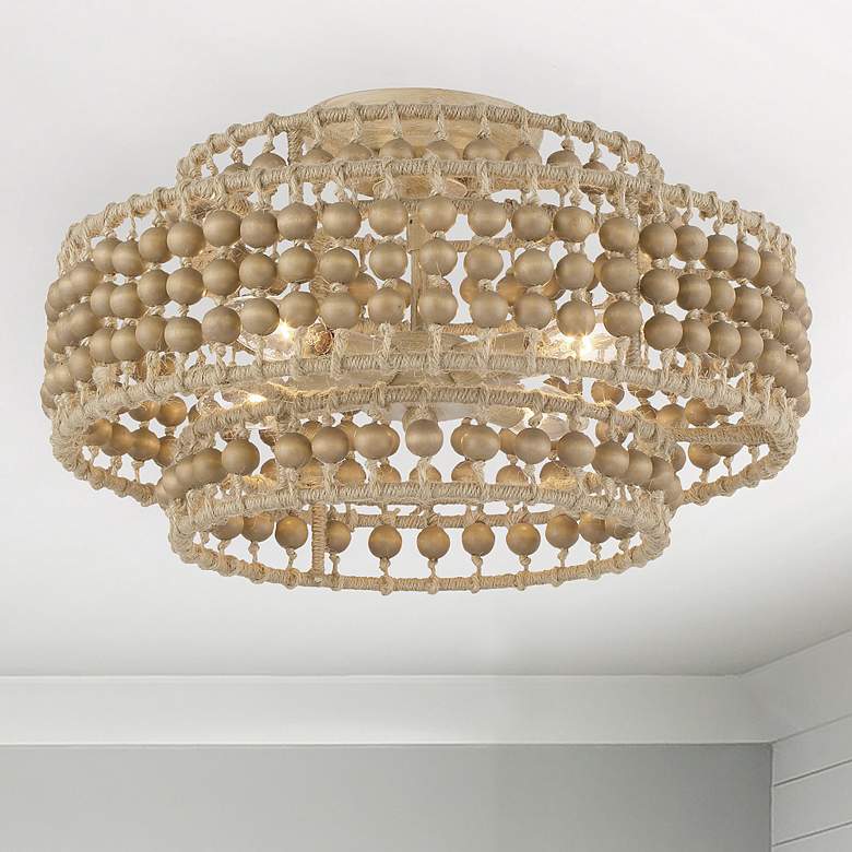 Image 1 Crystorama Silas 16"W Wooden Beads and Rope Ceiling Light