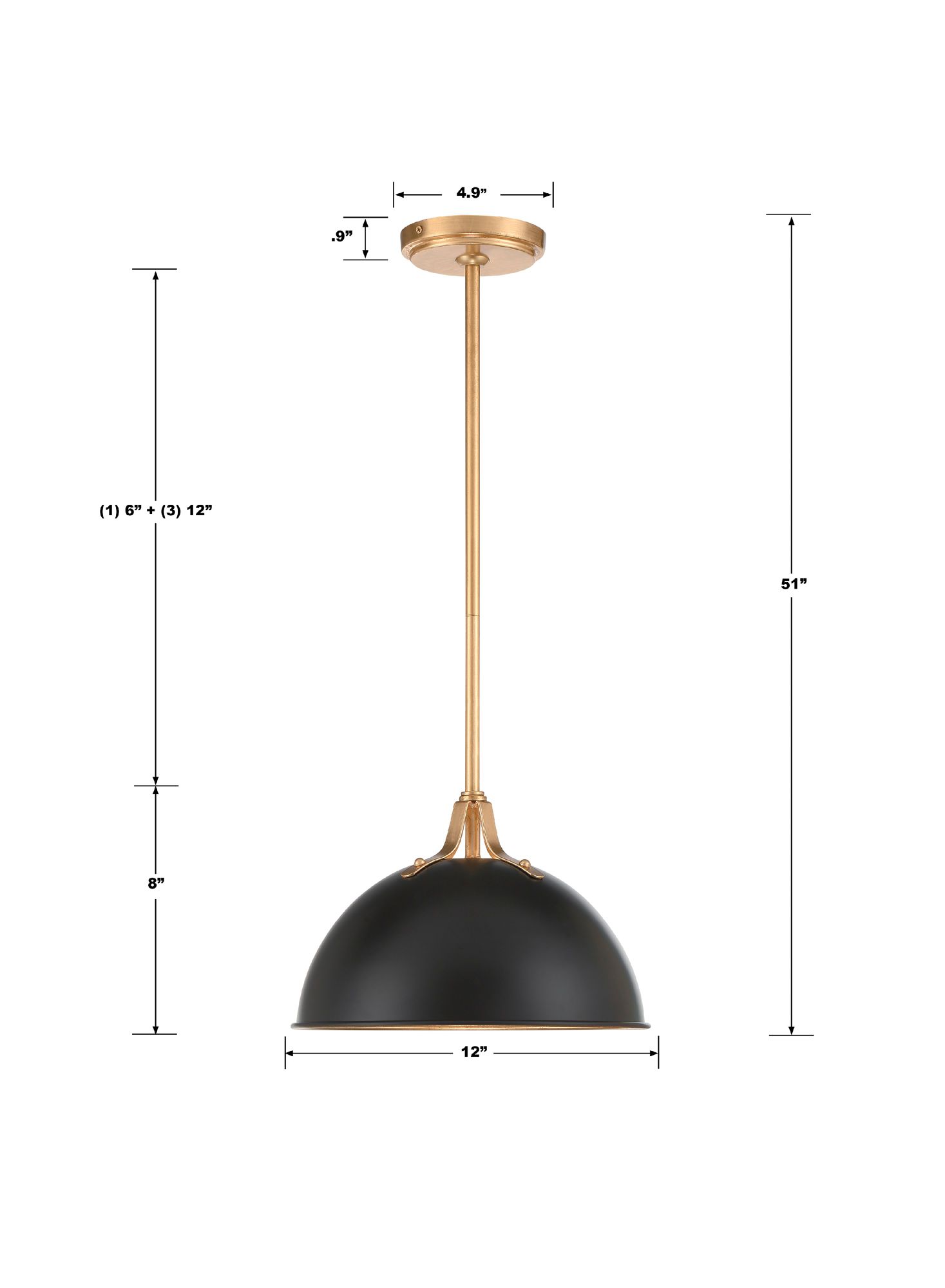 Crystorama Soto 12" Wide Antique Brass Matte Black Modern Dome Pendant