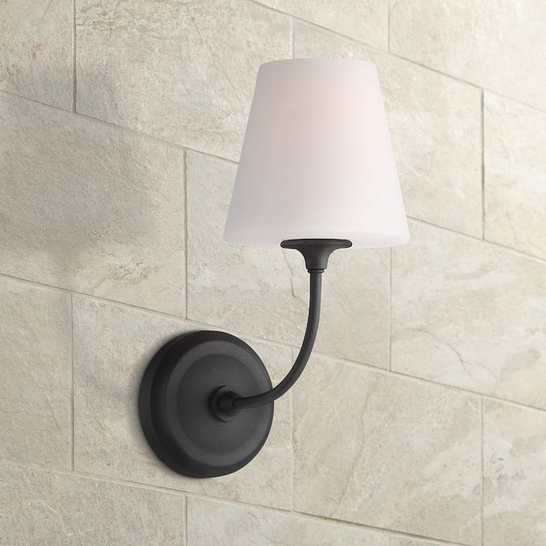 Image 1 Crystorama Sylvan 13 3/4" Black Finish White Glass Shade Wall Sconce