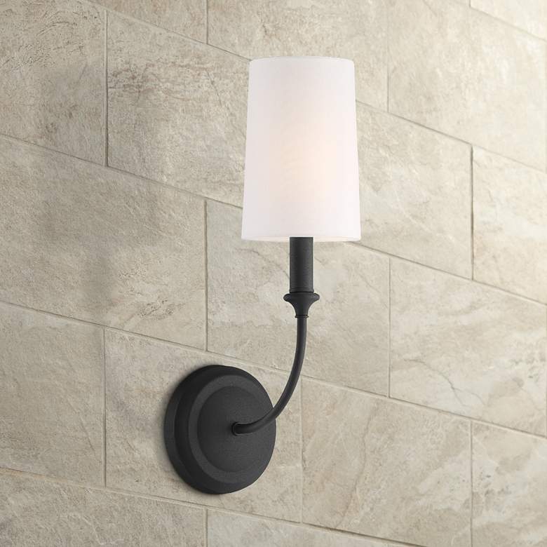 Image 1 Crystorama Sylvan 15 3/4" Black Finish White Linen Shade Wall Sconce