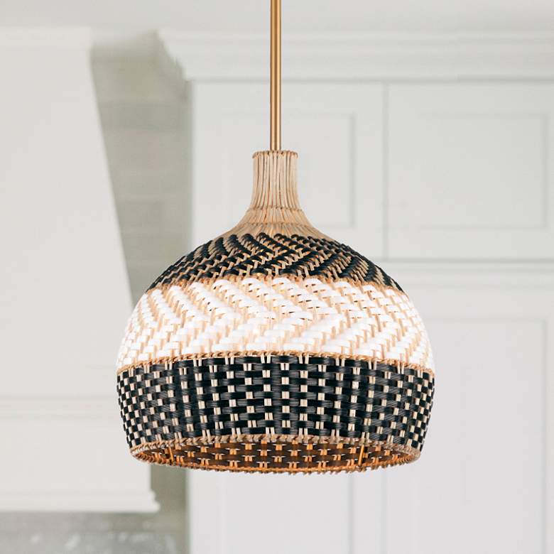 Image 1 Crystorama Zanzibar 14" Wide 3-Light Black and Natural Rattan Pendant