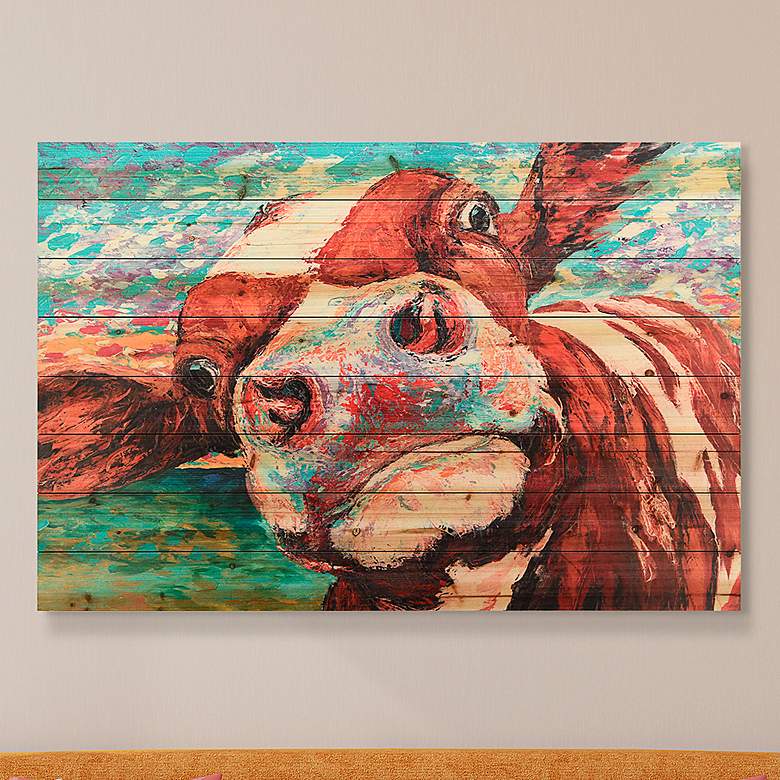 Image 1 Curious Cow 3 45" Wide Giclee Print Solid Wood Wall Art