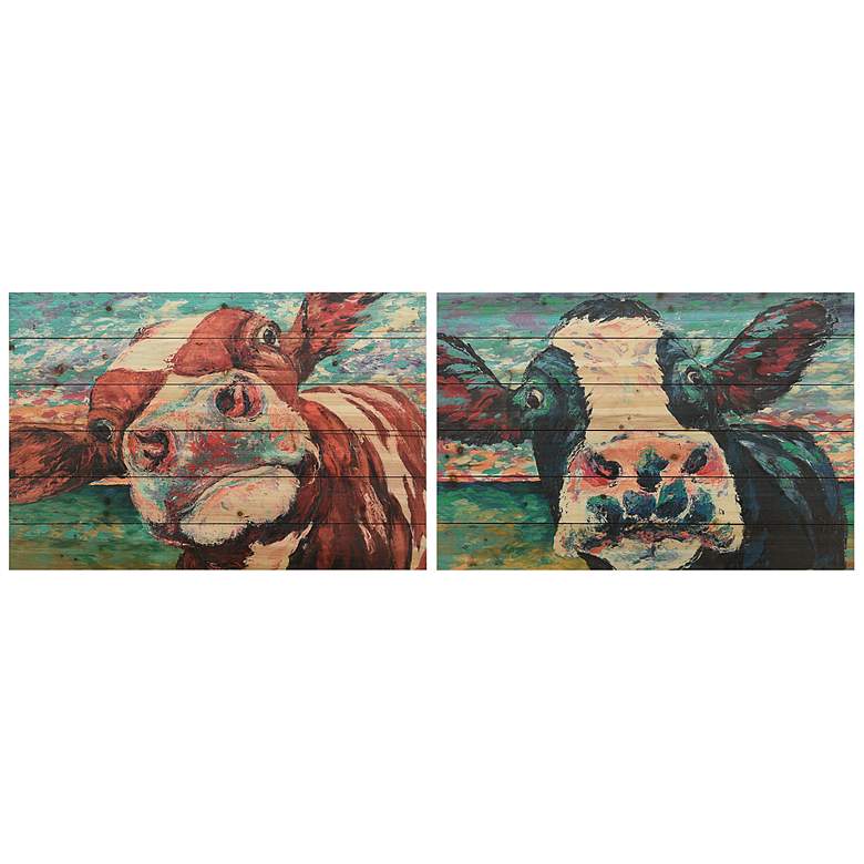 Image 2 Curiuos Cow 1 and 2 36" Wide 2-Piece Print Wood Wall Art Set
