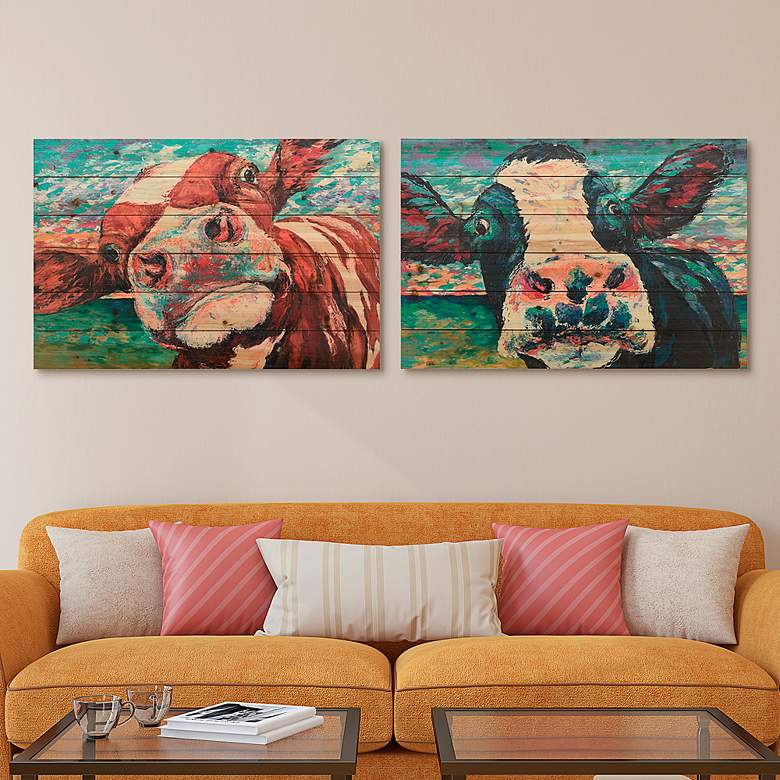 Image 1 Curiuos Cow 1 and 2 36" Wide 2-Piece Print Wood Wall Art Set