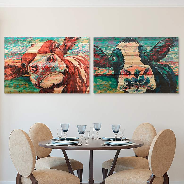 Image 1 Curiuos Cow 3 and 4 45" Wide 2-Piece Print Wood Wall Art Set