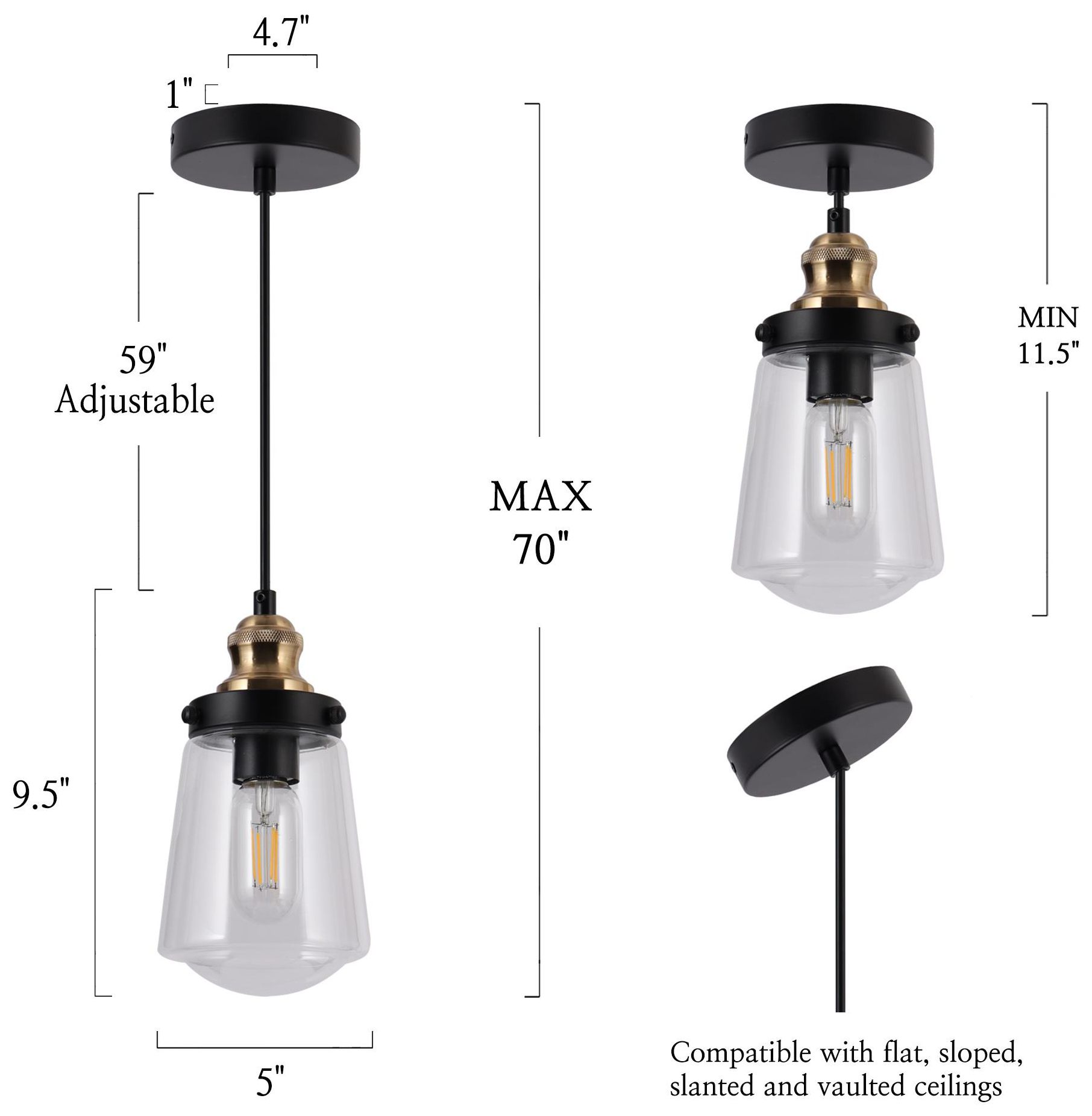 Image 2 Curoen 4.9"W 1-Light Mini Black Brass Glass Bulb Pendant more views