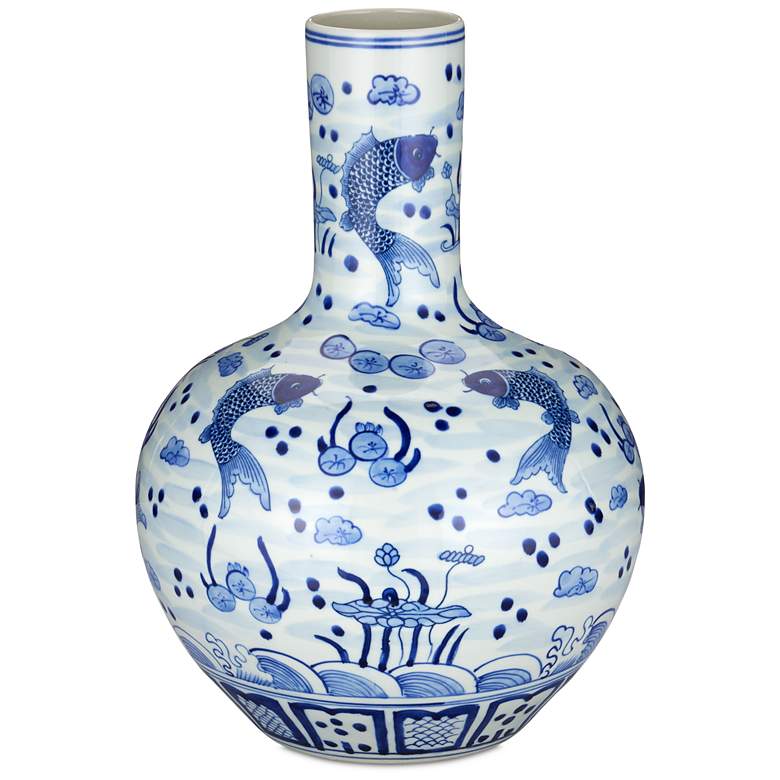 Image 1 Currey & Company 15" South Sea Blue & White Long Neck Vase