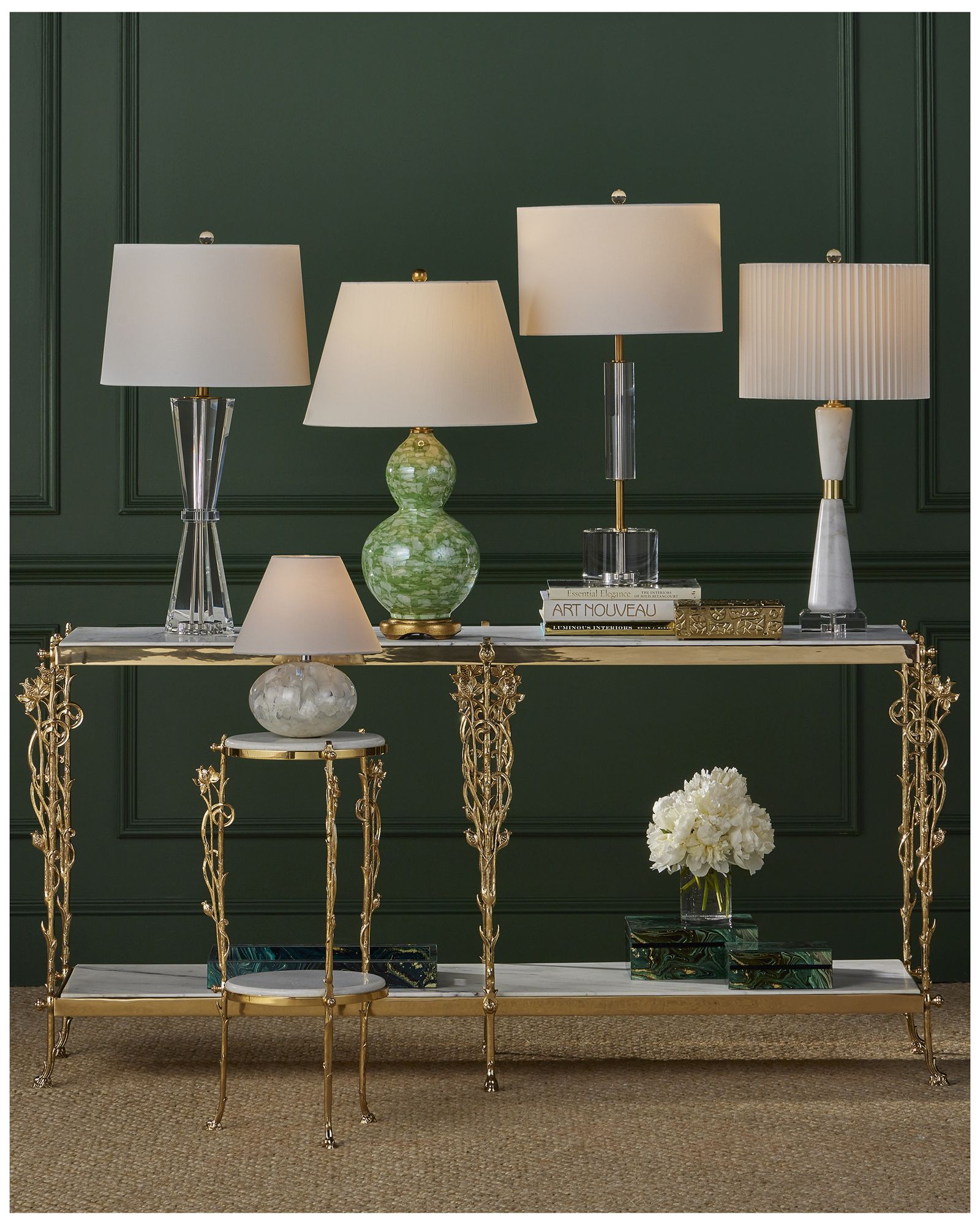 Currey & Company 29.5" Edelmar White Marble and Optic Crystal Tabl