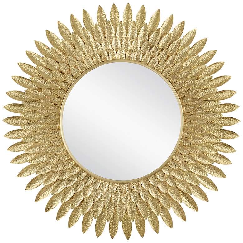 Image 1 Currey & Company 39" Plume Round Hammered Brass Mirror