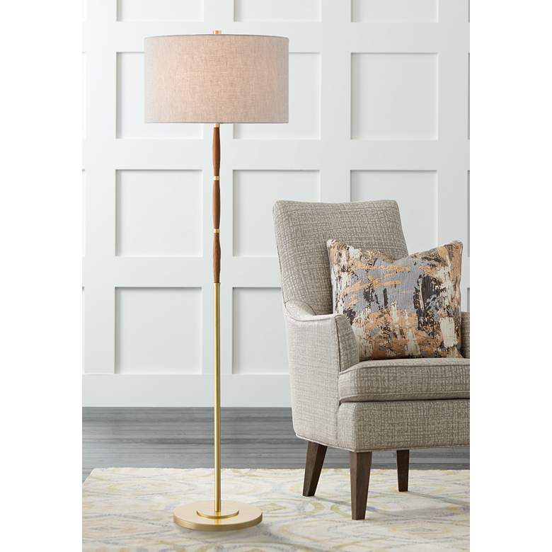Image 1 Currey and Company Dashwood Teak and Brushed Brass Floor Lamp