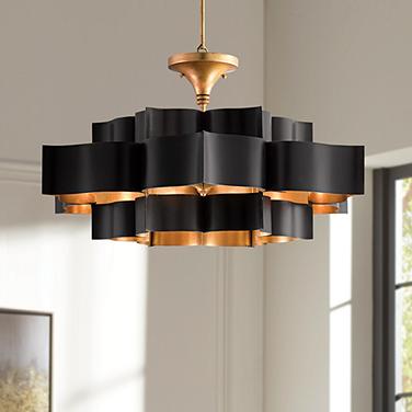 Currey and Company Grand Lotus 30" Gold Leaf Satin Black Chandelier