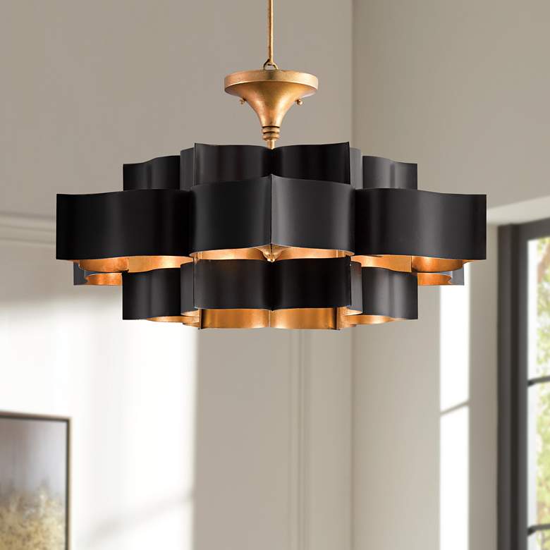 Image 1 Currey and Company Grand Lotus 30" Gold Leaf Satin Black Chandelier