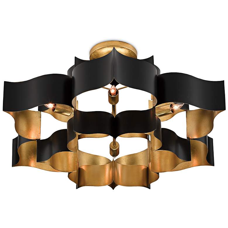 Image 6 Currey and Company Grand Lotus 30" Gold Leaf Satin Black Chandelier more views