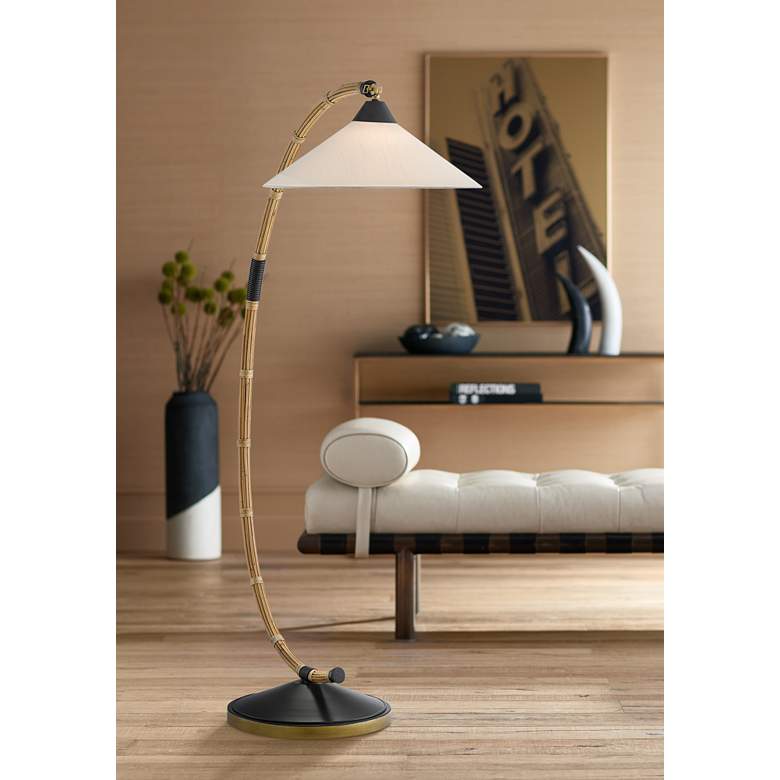 Image 1 Currey & Company Lisbon 61 1/2" Arc Arm Natural Rattan Floor Lamp