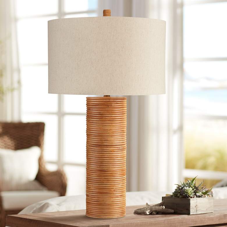 Image 1 Currey & Company Salome Linen Shade and Natural Rattan Table Lamp