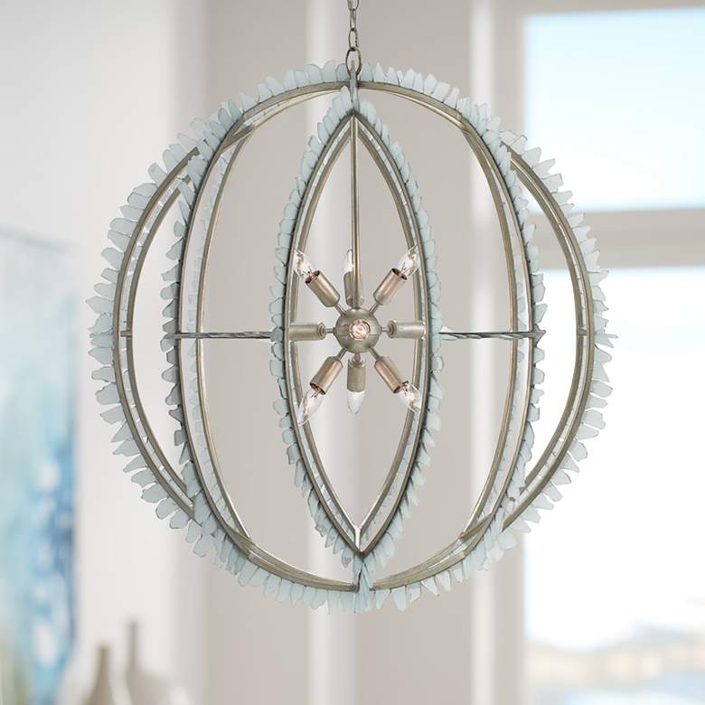 Image 1 Currey & Company Saltwater 34" Silver Leaf Seaglass Orb Chandelier