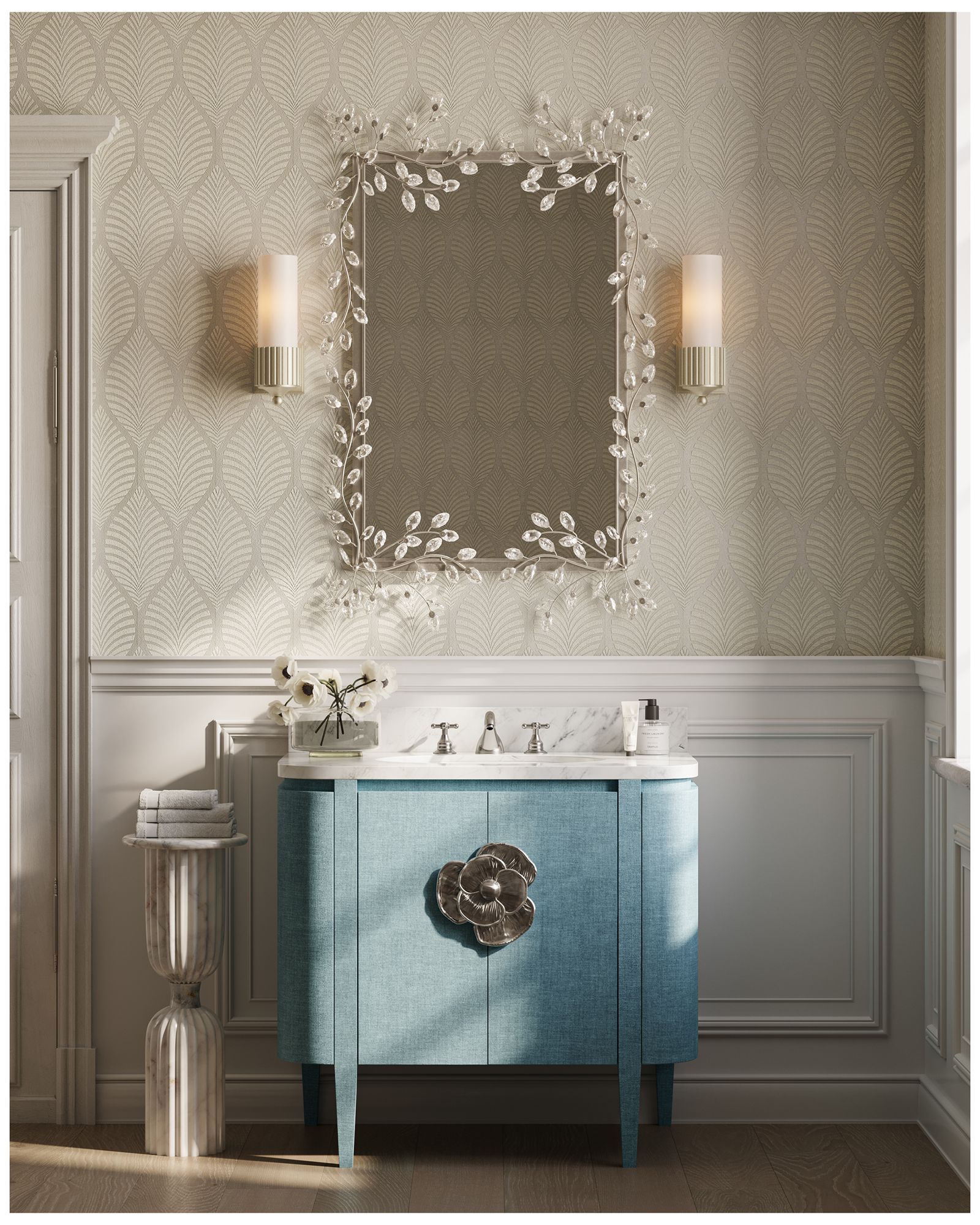 Currey & Company 51" x 31.5" x 3"  Forget-Me-Not Silver Rectangular Mirror