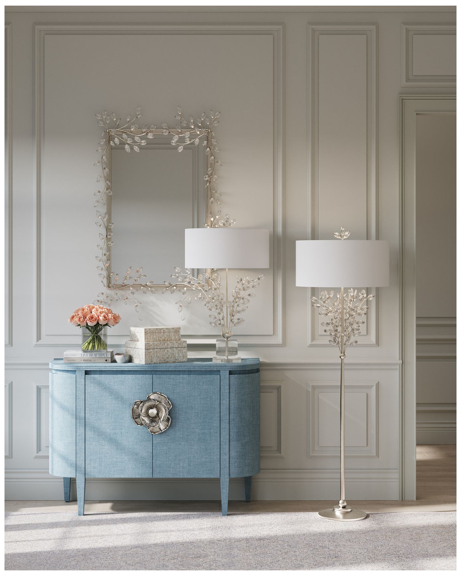 Currey & Company 51" x 31.5" x 3"  Forget-Me-Not Silver Rectangular Mirror