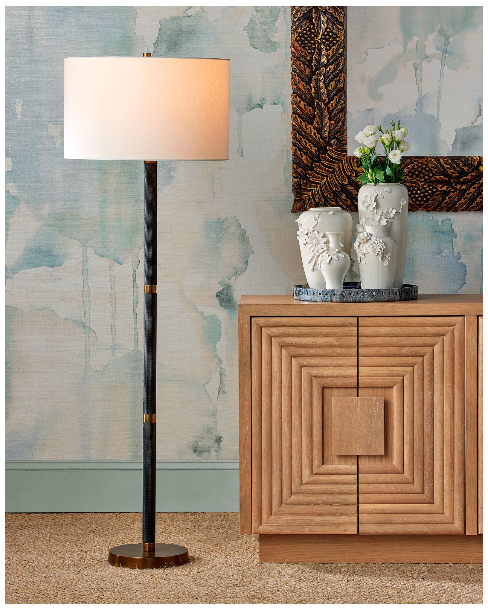 Image 6 Currey & Company 62" High Brass Antique, Matte Black Floor Lamp more views