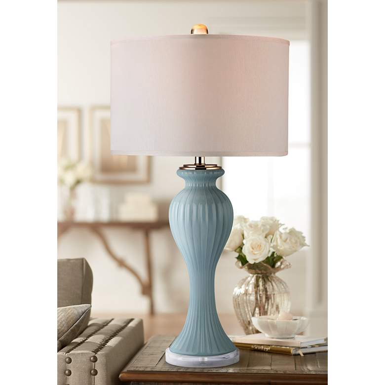 Image 1 Curtis Ribbed Tulip Mint and Gold Glass Table Lamp
