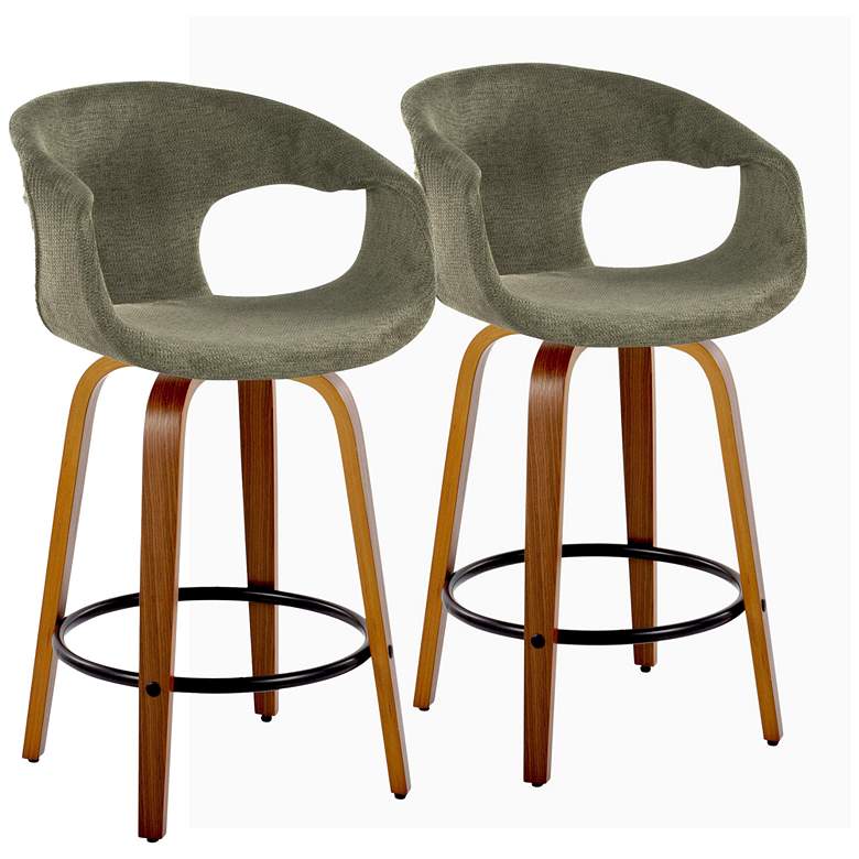 Image 1 Curva Counter Stool in Walnut and Green Fabric with by LumiSource Pair