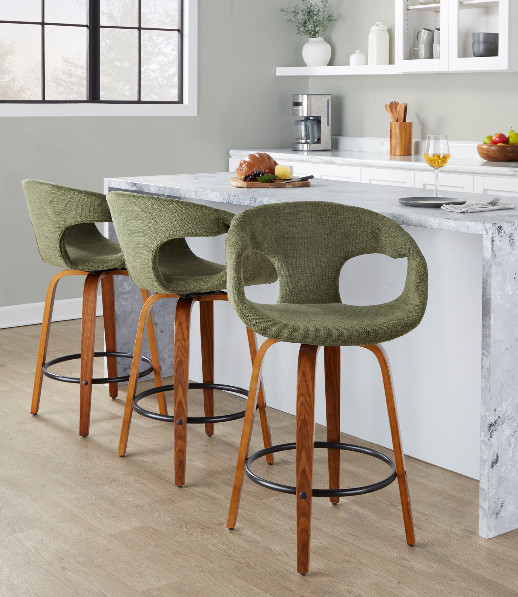 Curva Counter Stool in Walnut and Green Fabric with by LumiSource Pair